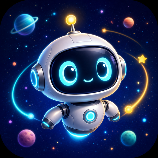 AI Explorers app icon: Pix the robot floating in space