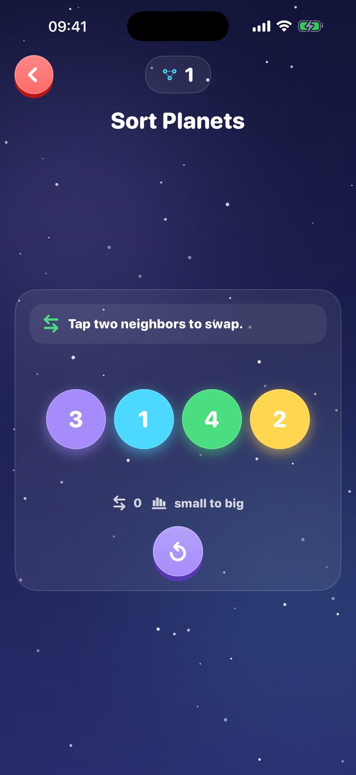Sort Planets: four numbered planets to swap into order