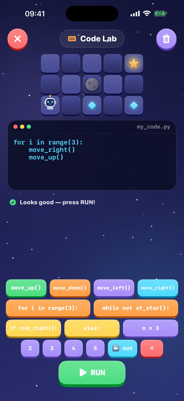 Code Lab: Python blocks assembled into a for loop that moves Pix