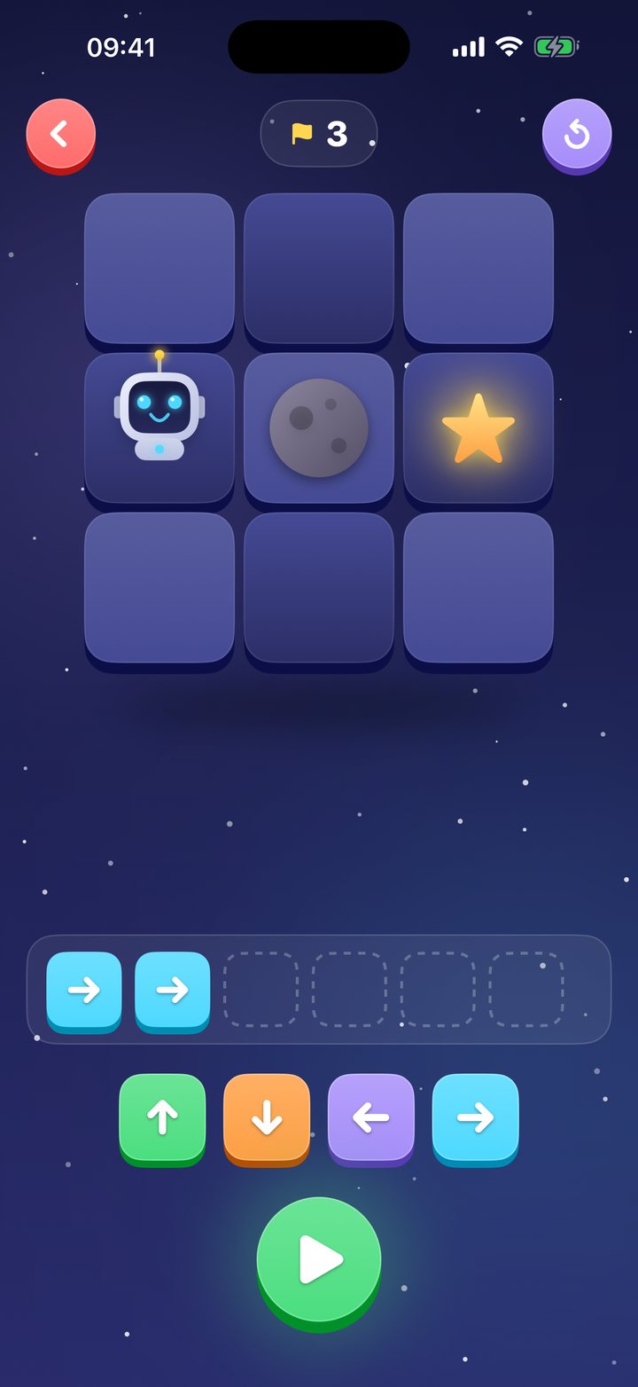 Commands game: a 3 by 3 board with Pix, a moon rock and a star, and arrow buttons below