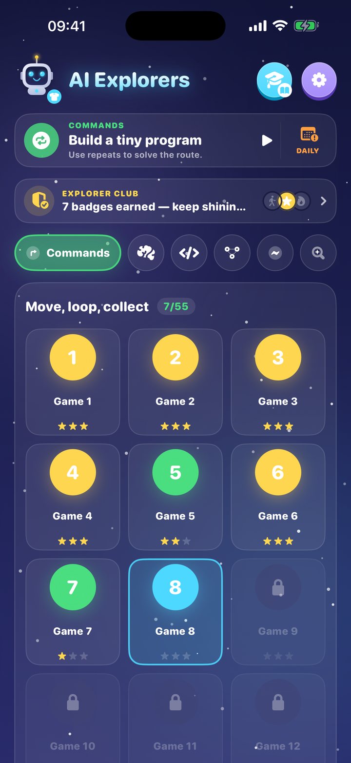 AI Explorers home screen: the Commands world with numbered games and star ratings
