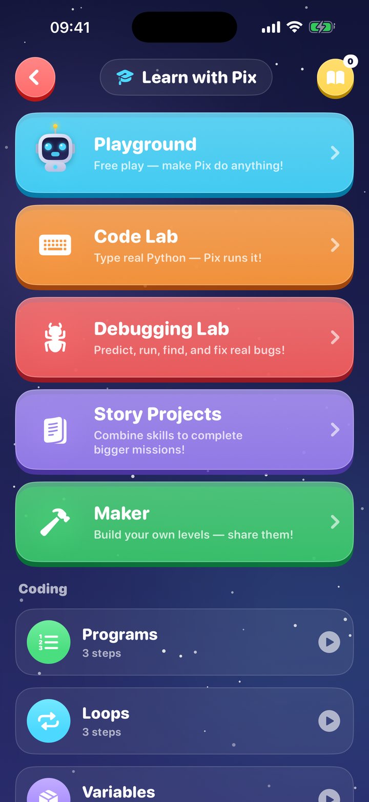 Learn with Pix menu: Playground, Code Lab, Debugging Lab, Story Projects and Maker
