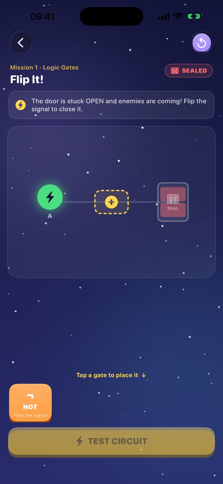 Logic Gates mission Flip It: place a NOT gate to seal a door
