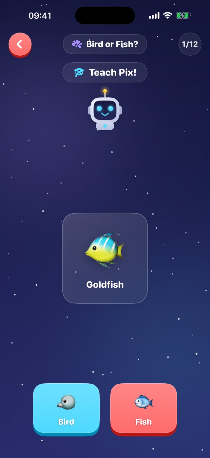 Teach Pix game asking whether a goldfish is a bird or a fish