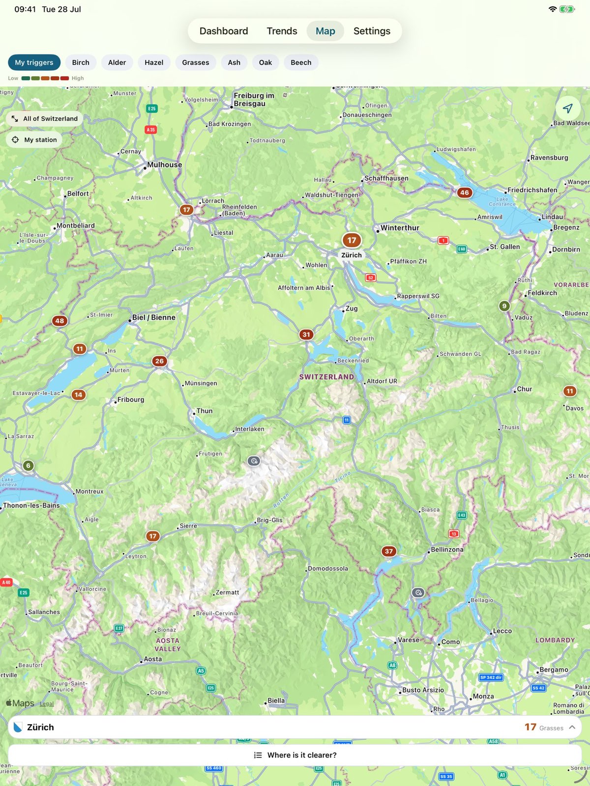 AirPeak on iPad: a map of Switzerland with pollen readings at each station