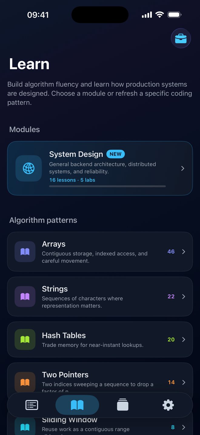 Learn tab listing the System Design module and algorithm patterns
