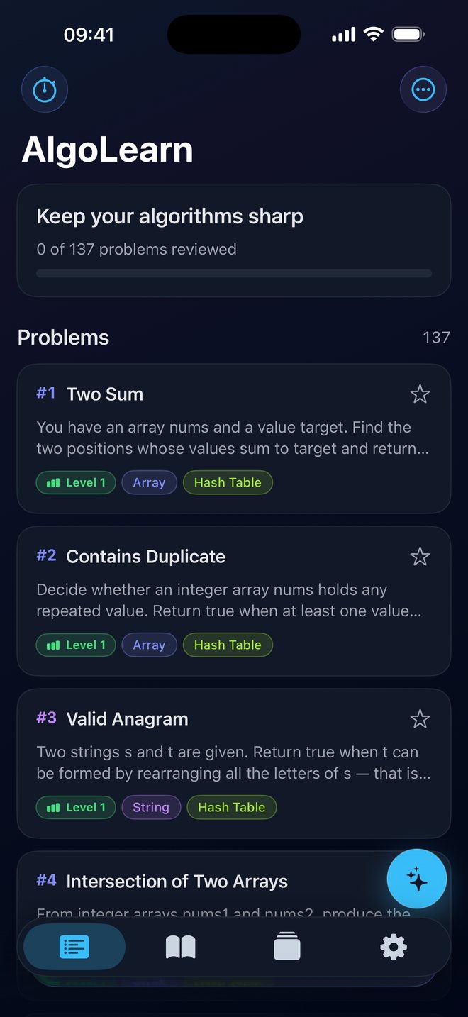 AlgoLearn problem list starting with Two Sum, Contains Duplicate and Valid Anagram