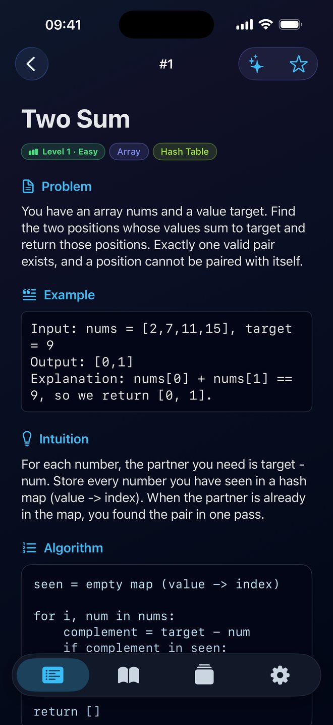 The Two Sum problem page with problem, example, intuition and algorithm sections