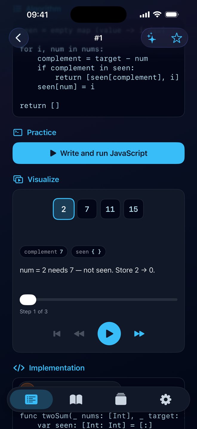 Two Sum: practice button and the visualizer showing the array 2, 7, 11, 15