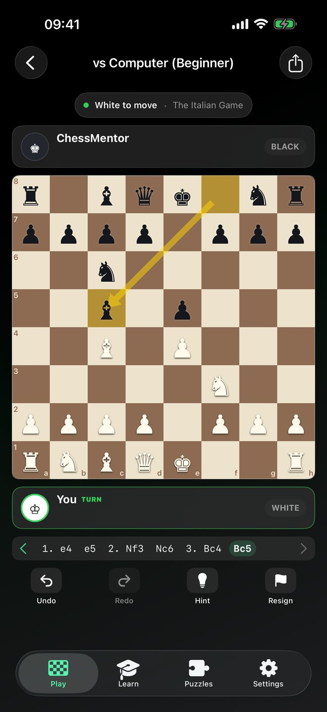 A game against the computer in the Italian Game, with the move list below the board