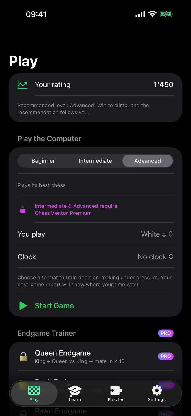 The Play tab: your rating, computer level, colour and clock