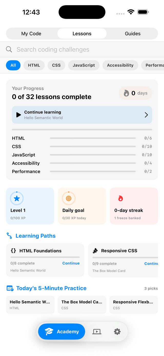 The Academy tab: progress across HTML, CSS, JavaScript, Accessibility and Performance, with learning paths
