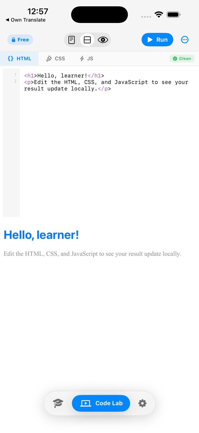 Code Lab: an HTML editor above the rendered result