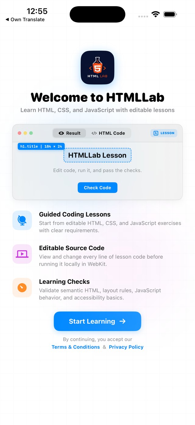 HTMLLab welcome screen: guided coding lessons, editable source code and learning checks