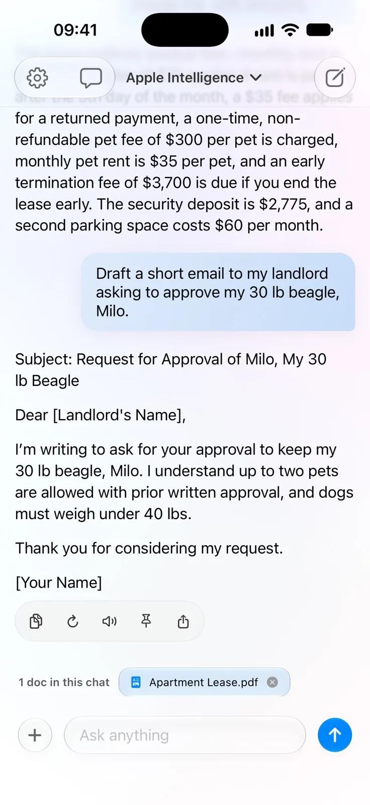 A follow-up where Own AI drafts an email to a landlord based on the lease