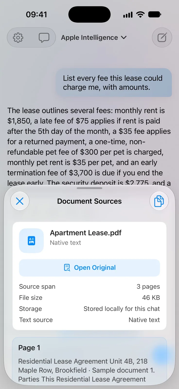 Document Sources sheet showing Apartment Lease.pdf, 3 pages, stored locally for this chat
