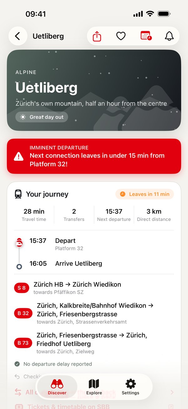Journey to Uetliberg: imminent departure warning, platform 32, step-by-step route