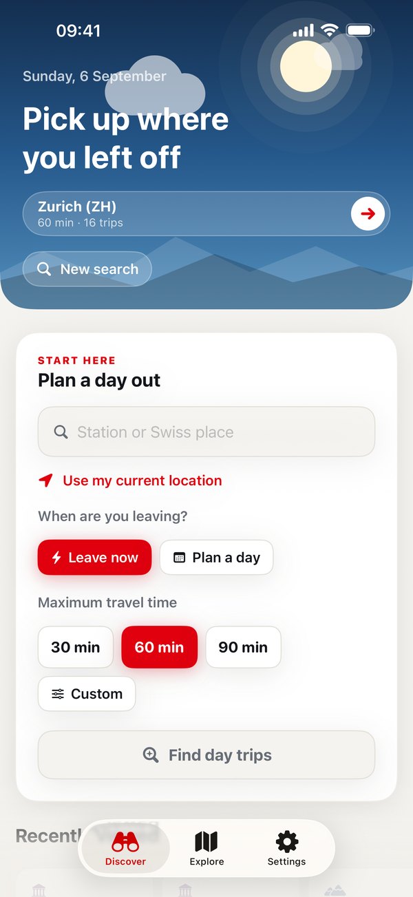 Discover: plan a day out with a departure field and 30, 60 or 90 minute travel time