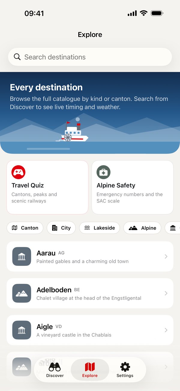 Explore: the full catalogue by canton or kind, travel quiz and alpine safety