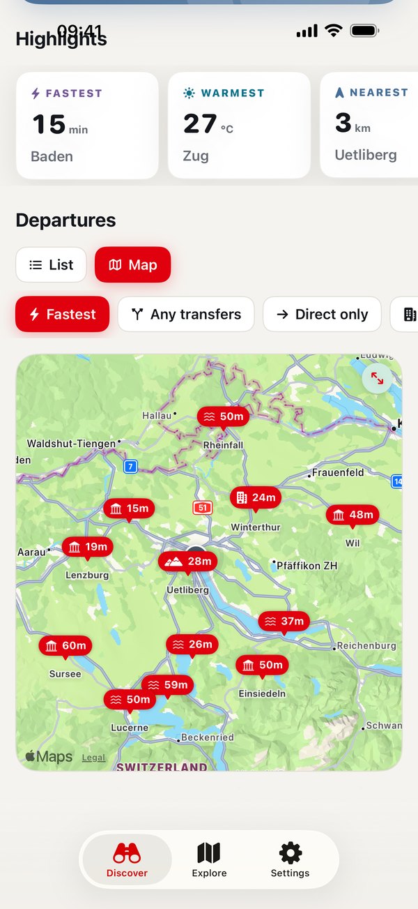 Map of results around Zürich pinned with travel times