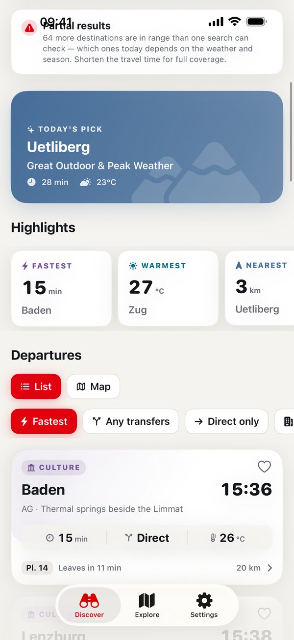 Results: today's pick Uetliberg, highlights for fastest, warmest and nearest, and departure cards