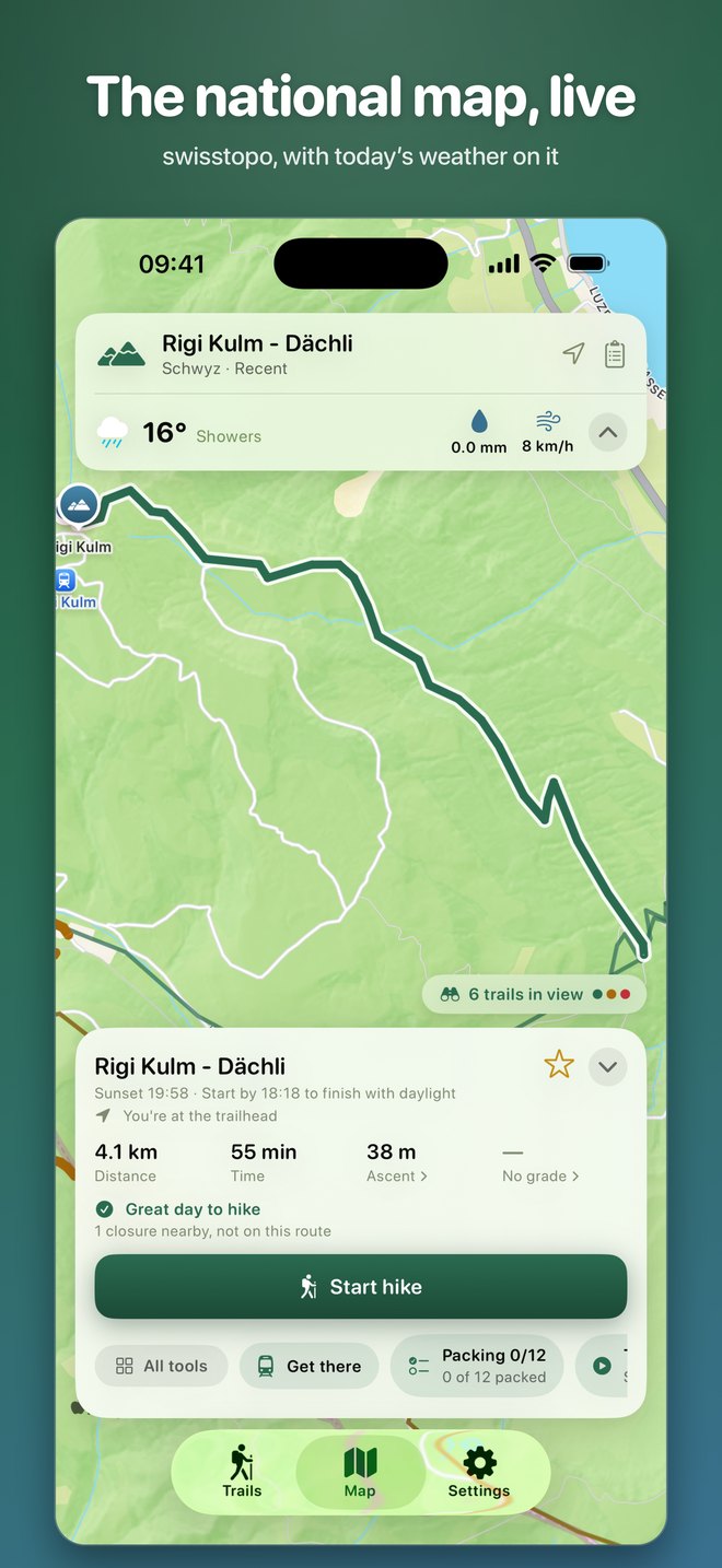 The national map, live: a route on the swisstopo map with today's weather