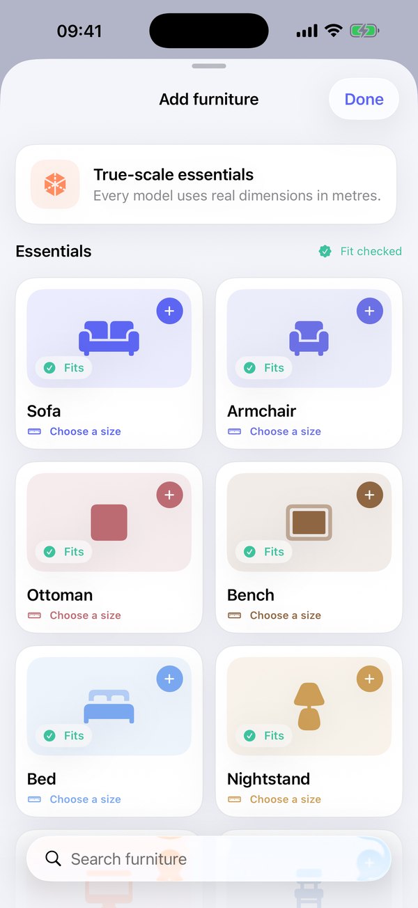 Furniture catalogue with fit badges