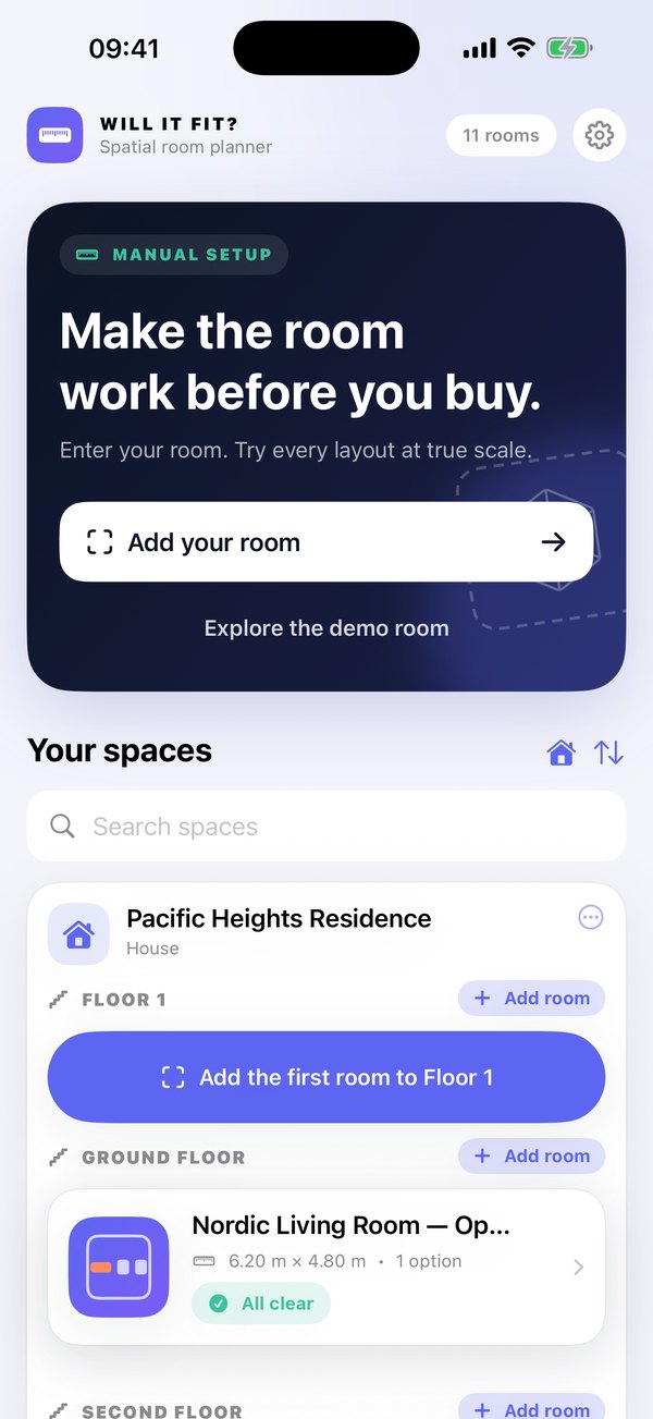 Home screen with saved rooms grouped by home and floor
