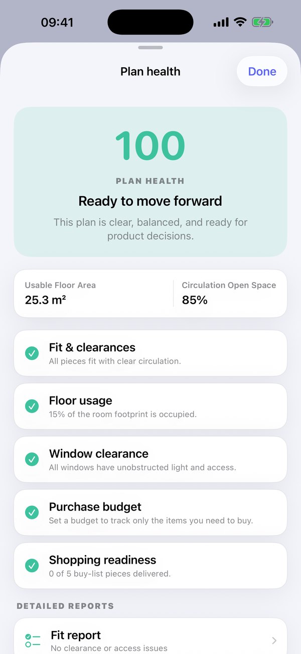 Plan health score of 100 with fit, floor usage and budget checks